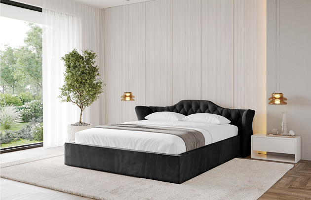 Bezug: Samt, Farbe: Schwarz - Casablanca 2316, Stoffbeschreibung: Polsterstoff Casablanca: „Pet-friendly“, leicht zu reinigen (CleanBOO+), wasserabweisend mit Lotuseffekt, scheuerfest (45.000 Martindale-Zyklen), Gewicht 310 g/m² ±5 %, Zimmer: Schlafzimmer, Länge: 215 cm, Breite: 156 cm, Höhe: 81 cm, Größe: 140x200 cm, Länge der Schlaffläche: 200 cm, Breite der Schlaffläche: 140 cm, Liegehöhe: 48 cm, Matratze: Mit H3 / H4 Taschenfederkern Matratze, Höhe der Matratze: 25 cm, Matratzentyp: Taschenfederkernmatratze, Bettkasten: Ja, Anzahl der Bettkasten: 1, Höhe der Bettkasten: 30 cm, Höhe des Kopfteils: 81 cm, Dicke des Kopfteils: 13 cm, Gepolsterte Rückseite: Nein - 1