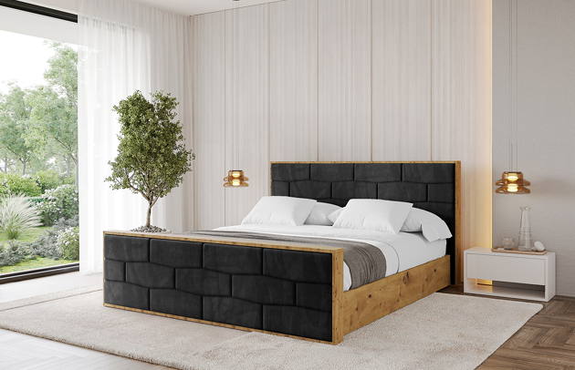 Bezug: Samt, Farbe: Schwarz - Casablanca 2316, Stoffbeschreibung: Polsterstoff Casablanca: „Pet-friendly“, leicht zu reinigen (CleanBOO+), wasserabweisend mit Lotuseffekt, scheuerfest (45.000 Martindale- Zyklen), Gewicht 310g/m2 ±5 %, Zimmer: Schlafzimmer, Länge: 230 cm, Breite: 140 cm, Höhe: 107 cm, Größe: 120x200 cm, Länge der Schlaffläche: 200 cm, Breite der Schlaffläche: 120 cm, Liegehöhe: 48 cm, Matratze: Mit H3 / H4 Taschenfederkern Matratze, Höhe der Matratze: 25 cm, Matratzentyp: Taschenfederkernmatratze, Bettkasten: Ja, Anzahl der Bettkasten: 1, Höhe der Bettkasten: 30 cm, Höhe des Kopfteils: 107 cm, Dicke des Kopfteils: 8 cm, Dicke des Fußteils: 7 cm, Gepolsterte Rückseite: Nein - 1