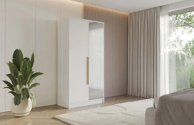 Material: Holzwerkstoff, Material der Rückwand: MDF, Farbe: Weiß, Größe: 102 cm x 51 cm x 200 cm, Griffe: Gold Griffe, Zimmer: Schlafzimmer, Anzahl der Türen: 2, Anzahl der Spiegel: 1, Anzahl der Kleiderstangen: 2, Front-Typ: Glatt, Art der Griffe: Griffleiste, Art der Türen: Flügeltüren, Breite: 102 cm, Tiefe: 51 cm, Höhe: 200 cm, Länge der Kleiderstange 1: 48 cm, Länge der Kleiderstange 2: 48 cm, Fachinnenmaß - Höhe: 36 cm, Fachinnenmaß - Breite: 49 cm, Fachinnenmaß - Tiefe: 49 cm - 1
