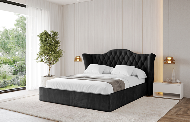 Bezug: Samt, Farbe: Schwarz - Casablanca 2316, Stoffbeschreibung: Polsterstoff Casablanca: „Pet-friendly“, leicht zu reinigen (CleanBOO+), wasserabweisend mit Lotuseffekt, scheuerfest (45.000 Martindale- Zyklen), Gewicht 310g/m2 ±5 %, Zimmer: Schlafzimmer, Länge: 215 cm, Breite: 136 cm, Höhe: 105 cm, Größe: 120x200 cm, Länge der Schlaffläche: 200 cm, Breite der Schlaffläche: 120 cm, Liegehöhe: 48 cm, Matratze: Mit H3 / H4 Taschenfederkern Matratze, Höhe der Matratze: 25 cm, Matratzentyp: Taschenfederkernmatratze, Bettkasten: Ja, Anzahl der Bettkasten: 1, Höhe der Bettkasten: 30 cm, Höhe des Kopfteils: 105 cm, Dicke des Kopfteils: 8 cm, Gepolsterte Rückseite: Nein - 1