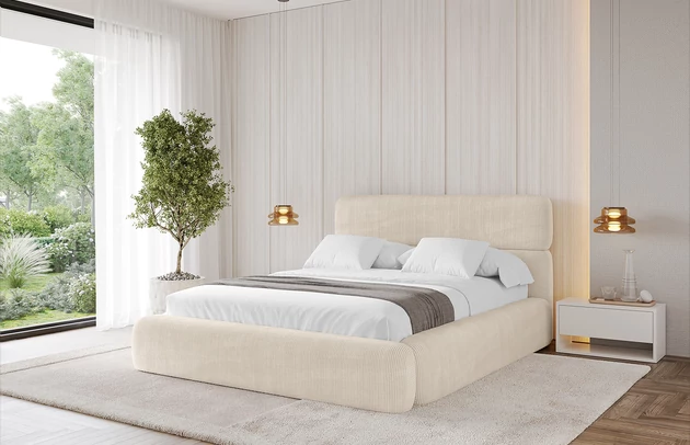 Bezug: Cord, Farbe: Beige - Poso 105, Stoffbeschreibung: POSO ist ein angenehm anzufühlender Velours mit Kordstruktur (35000 MartindaleZyklen) und leicht zu reinigender Möbellstoff, lichtecht (5) und pillingarm (5), Gewicht 380 g/m2 ±5%, Zimmer: Schlafzimmer, Länge: 226 cm, Breite: 212 cm, Höhe: 110 cm, Größe: 180x200 cm, Länge der Schlaffläche: 200 cm, Breite der Schlaffläche: 180 cm, Liegehöhe: 48 cm, Matratze: Mit H3 / H4 Taschenfederkern Matratze, Höhe der Matratze: 25 cm, Matratzentyp: Taschenfederkernmatratze, Bettkasten: Ja, Anzahl der Bettkasten: 1, Höhe der Bettkasten: 30 cm, Höhe des Kopfteils: 110 cm, Dicke des Kopfteils: 8 cm, Gepolsterte Rückseite: Nein - 1