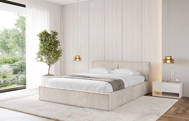 Bezug: Samt, Farbe: Beige - Casablanca 2301, Stoffbeschreibung: Polsterstoff Casablanca: „Pet-friendly“, leicht zu reinigen (CleanBOO+), wasserabweisend mit Lotuseffekt, scheuerfest (45.000 Martindale- Zyklen), Gewicht 310g/m2 ±5 %, Zimmer: Schlafzimmer, Länge: 215 cm, Breite: 136 cm, Höhe: 81 cm, Größe: 120x200 cm, Länge der Schlaffläche: 200 cm, Breite der Schlaffläche: 120 cm, Liegehöhe: 48 cm, Matratze: Mit H3 / H4 Taschenfederkern Matratze, Höhe der Matratze: 25 cm, Matratzentyp: Taschenfederkernmatratze, Bettkasten: Ja, Anzahl der Bettkasten: 1, Höhe der Bettkasten: 30 cm, Höhe des Kopfteils: 105 cm, Dicke des Kopfteils: 8 cm, Gepolsterte Rückseite: Nein - 1