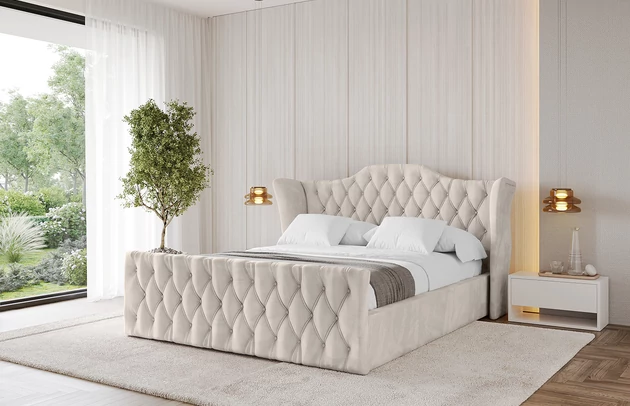 Bezug: Samt, Farbe: Beige - Casablanca 2301, Stoffbeschreibung: Polsterstoff Casablanca: „Pet-friendly“, leicht zu reinigen (CleanBOO+), wasserabweisend mit Lotuseffekt, scheuerfest (45.000 Martindale- Zyklen), Gewicht 310g/m2 ±5 %, Zimmer: Schlafzimmer, Länge: 222 cm, Breite: 136 cm, Höhe: 105 cm, Größe: 120x200 cm, Länge der Schlaffläche: 200 cm, Breite der Schlaffläche: 120 cm, Liegehöhe: 48 cm, Matratze: Mit H3 / H4 Taschenfederkern Matratze, Höhe der Matratze: 25 cm, Matratzentyp: Taschenfederkernmatratze, Bettkasten: Ja, Anzahl der Bettkasten: 1, Höhe der Bettkasten: 30 cm, Höhe des Kopfteils: 105 cm, Dicke des Kopfteils: 8 cm, Dicke des Fußteils: 7 cm, Gepolsterte Rückseite: Nein - 1