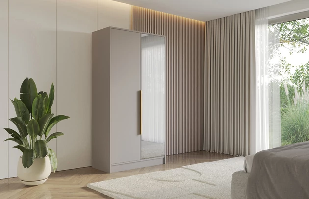 Material: Holzwerkstoff, Material der Rückwand: MDF, Farbe: Kaschmir, Größe: 102 cm x 51 cm x 200 cm, Griffe: Gold Griffe, Zimmer: Schlafzimmer, Anzahl der Türen: 2, Anzahl der Spiegel: 1, Anzahl der Kleiderstangen: 2, Front-Typ: Glatt, Art der Griffe: Griffleiste, Art der Türen: Flügeltüren, Breite: 102 cm, Tiefe: 51 cm, Höhe: 200 cm, Länge der Kleiderstange 1: 48 cm, Länge der Kleiderstange 2: 48 cm, Fachinnenmaß - Höhe: 36 cm, Fachinnenmaß - Breite: 49 cm, Fachinnenmaß - Tiefe: 49 cm - 1