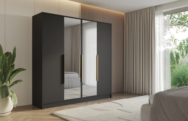 Material: Holzwerkstoff, Material der Rückwand: MDF, Farbe: Schwarz, Größe: 200 cm x 51 cm x 200 cm, Griffe: Gold Griffe, Zimmer: Schlafzimmer, Anzahl der Türen: 4, Anzahl der Spiegel: 2, Anzahl der Kleiderstangen: 2, Front-Typ: Glatt, Art der Griffe: Griffleiste, Art der Türen: Flügeltüren, Breite: 200 cm, Tiefe: 51 cm, Höhe: 200 cm, Länge der Kleiderstange 1: 94 cm, Länge der Kleiderstange 2: 94 cm, Fachinnenmaß - Höhe: 36 cm, Fachinnenmaß - Breite: 49 cm, Fachinnenmaß - Tiefe: 49 cm - 1