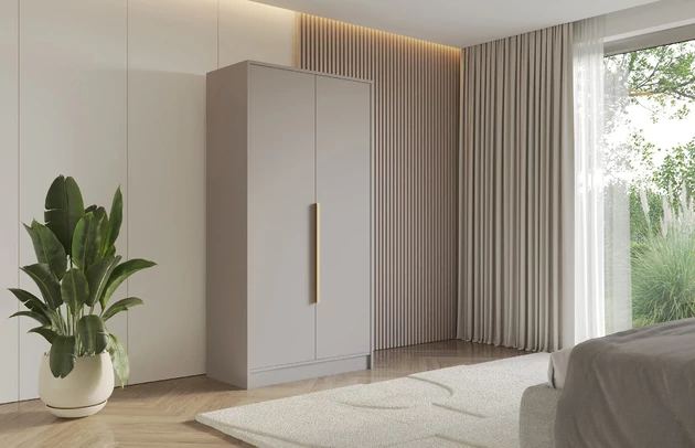 Material: Holzwerkstoff, Material der Rückwand: MDF, Farbe: Kaschmir, Griffe: Gold Griffe, Zimmer: Schlafzimmer, Anzahl der Türen: 2, Anzahl der Kleiderstangen: 2, Front-Typ: Glatt, Art der Griffe: Griffleiste, Art der Türen: Flügeltüren, Breite: 102 cm, Tiefe: 51 cm, Höhe: 200 cm, Länge der Kleiderstange 1: 48 cm, Länge der Kleiderstange 2: 48 cm, Fachinnenmaß - Höhe: 36 cm, Fachinnenmaß - Breite: 49 cm, Fachinnenmaß - Tiefe: 49 cm, Größe: 102 cm x 51 cm x 200 cm - 1