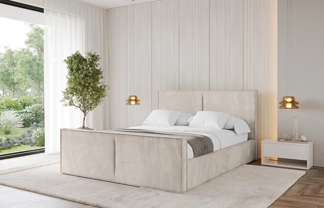 Bezug: Samt, Farbe: Beige - Casablanca 2301, Stoffbeschreibung: Polsterstoff Casablanca: „Pet-friendly“, leicht zu reinigen (CleanBOO+), wasserabweisend mit Lotuseffekt, scheuerfest (45.000 Martindale- Zyklen), Gewicht 310g/m2 ±5 %, Zimmer: Schlafzimmer, Länge: 222 cm, Breite: 136 cm, Höhe: 105 cm, Größe: 120x200 cm, Länge der Schlaffläche: 200 cm, Breite der Schlaffläche: 120 cm, Liegehöhe: 48 cm, Matratze: Mit H3 / H4 Taschenfederkern Matratze, Höhe der Matratze: 25 cm, Matratzentyp: Taschenfederkernmatratze, Bettkasten: Ja, Anzahl der Bettkasten: 1, Höhe der Bettkasten: 30 cm, Höhe des Kopfteils: 105 cm, Dicke des Kopfteils: 8 cm, Dicke des Fußteils: 7 cm, Gepolsterte Rückseite: Nein - 1