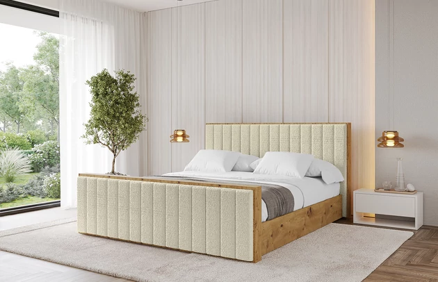 Bezug: Bouclé, Farbe: Beige - Quelle 02, Stoffbeschreibung: polsterstoff-quelle-hochwertiger-boucle-stoff-strapazierfahig-atmungsaktiv-und-pflegeleicht-80-000-martindale-zyklen-100-pes-pillingarm4-5-gewicht-315-g-m2-±5, Zimmer: Schlafzimmer, Länge: 230 cm, Breite: 160 cm, Höhe: 107 cm, Größe: 140x200 cm, Länge der Schlaffläche: 200 cm, Breite der Schlaffläche: 140 cm, Liegehöhe: 48 cm, Matratze: Mit H3 / H4 Taschenfederkern Matratze, Höhe der Matratze: 25 cm, Matratzentyp: Taschenfederkernmatratze, Bettkasten: Ja, Anzahl der Bettkasten: 1, Höhe der Bettkasten: 30 cm, Höhe des Kopfteils: 107 cm, Dicke des Kopfteils: 8 cm, Dicke des Fußteils: 7 cm, Gepolsterte Rückseite: Nein - 1