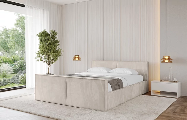 Bezug: Samt, Farbe: Beige - Casablanca 2301, Stoffbeschreibung: Polsterstoff Casablanca: „Pet-friendly“, leicht zu reinigen (CleanBOO+), wasserabweisend mit Lotuseffekt, scheuerfest (45.000 Martindale- Zyklen), Gewicht 310g/m2 ±5 %, Zimmer: Schlafzimmer, Länge: 222 cm, Breite: 136 cm, Höhe: 81 cm, Größe: 120x200 cm, Länge der Schlaffläche: 200 cm, Breite der Schlaffläche: 120 cm, Liegehöhe: 48 cm, Matratze: Mit H3 / H4 Taschenfederkern Matratze, Höhe der Matratze: 25 cm, Matratzentyp: Taschenfederkernmatratze, Bettkasten: Ja, Anzahl der Bettkasten: 1, Höhe der Bettkasten: 30 cm, Höhe des Kopfteils: 105 cm, Dicke des Kopfteils: 8 cm, Dicke des Fußteils: 7 cm, Gepolsterte Rückseite: Nein - 1