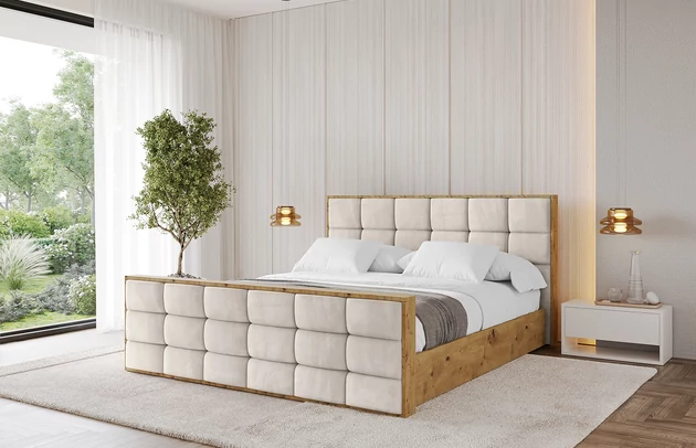 Bezug: Samt, Farbe: Beige - Casablanca 2301, Stoffbeschreibung: Polsterstoff Casablanca: „Pet-friendly“, leicht zu reinigen (CleanBOO+), wasserabweisend mit Lotuseffekt, scheuerfest (45.000 Martindale- Zyklen), Gewicht 310g/m2 ±5 %, Zimmer: Schlafzimmer, Länge: 230 cm, Breite: 140 cm, Höhe: 107 cm, Größe: 120x200 cm, Länge der Schlaffläche: 200 cm, Breite der Schlaffläche: 120 cm, Liegehöhe: 48 cm, Matratze: Mit H3 / H4 Taschenfederkern Matratze, Höhe der Matratze: 25 cm, Matratzentyp: Taschenfederkernmatratze, Bettkasten: Ja, Anzahl der Bettkasten: 1, Höhe der Bettkasten: 30 cm, Höhe des Kopfteils: 107 cm, Dicke des Kopfteils: 8 cm, Dicke des Fußteils: 7 cm, Gepolsterte Rückseite: Nein - 1