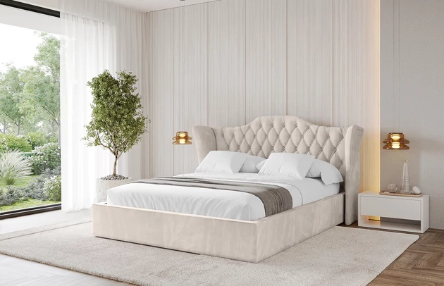 Bezug: Samt, Farbe: Beige - Casablanca 2301, Stoffbeschreibung: Polsterstoff Casablanca: „Pet-friendly“, leicht zu reinigen (CleanBOO+), wasserabweisend mit Lotuseffekt, scheuerfest (45.000 Martindale- Zyklen), Gewicht 310g/m2 ±5 %, Zimmer: Schlafzimmer, Länge: 215 cm, Breite: 136 cm, Höhe: 105 cm, Größe: 120x200 cm, Länge der Schlaffläche: 200 cm, Breite der Schlaffläche: 120 cm, Liegehöhe: 48 cm, Matratze: Mit H3 / H4 Taschenfederkern Matratze, Höhe der Matratze: 25 cm, Matratzentyp: Taschenfederkernmatratze, Bettkasten: Ja, Anzahl der Bettkasten: 1, Höhe der Bettkasten: 30 cm, Höhe des Kopfteils: 105 cm, Dicke des Kopfteils: 8 cm, Gepolsterte Rückseite: Nein - 1