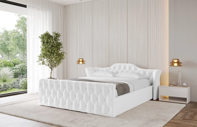 Bezug: Bouclé, Farbe: Weiß - Quelle 01, Stoffbeschreibung: Polsterstoff Quelle: hochwertiger Bouclé Stoff, strapazierfähig, atmungsaktiv und pflegeleicht. (80.000 Martindale-Zyklen) 100 % PES, pillingarm(4-5), Gewicht 315 g/m² ±5 %, Zimmer: Schlafzimmer, Länge: 222 cm, Breite: 216 cm, Höhe: 81 cm, Größe: 200x200 cm, Länge der Schlaffläche: 200 cm, Breite der Schlaffläche: 200 cm, Liegehöhe: 48 cm, Matratze: Mit H3 / H4 Taschenfederkern Matratze, Höhe der Matratze: 25 cm, Matratzentyp: Taschenfederkernmatratze, Bettkasten: Ja, Anzahl der Bettkasten: 1, Höhe der Bettkasten: 30 cm, Höhe des Kopfteils: 81 cm, Dicke des Kopfteils: 8 cm, Dicke des Fußteils: 7 cm, Gepolsterte Rückseite: Nein - 1