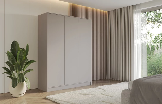 Material: Holzwerkstoff, Material der Rückwand: MDF, Farbe: Kaschmir, Griffe: TIP-ON-System, Zimmer: Schlafzimmer, Anzahl der Türen: 3, Anzahl der Kleiderstangen: 2, Front-Typ: Glatt, Art der Griffe: TIP-ON-System, Art der Türen: Flügeltüren, Breite: 150 cm, Tiefe: 51 cm, Höhe: 200 cm, Länge der Kleiderstange 1: 46 cm, Länge der Kleiderstange 2: 46 cm, Fachinnenmaß - Höhe: 36 cm, Fachinnenmaß - Breite: 49 cm, Fachinnenmaß - Tiefe: 49 cm, Größe: 150 cm x 51 cm x 200 cm - 1