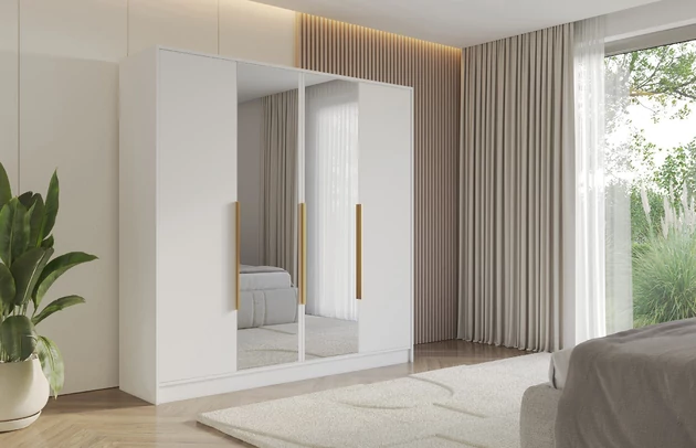 Material: Holzwerkstoff, Material der Rückwand: MDF, Farbe: Weiß, Größe: 200 cm x 51 cm x 200 cm, Griffe: Gold Griffe, Zimmer: Schlafzimmer, Anzahl der Türen: 4, Anzahl der Spiegel: 2, Anzahl der Kleiderstangen: 2, Front-Typ: Glatt, Art der Griffe: Griffleiste, Art der Türen: Flügeltüren, Breite: 200 cm, Tiefe: 51 cm, Höhe: 200 cm, Länge der Kleiderstange 1: 94 cm, Länge der Kleiderstange 2: 94 cm, Fachinnenmaß - Höhe: 36 cm, Fachinnenmaß - Breite: 49 cm, Fachinnenmaß - Tiefe: 49 cm - 1