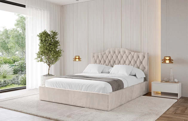 Bezug: Velvet, Farbe: Beige - Casablanca 2301, Stoffbeschreibung: Polsterstoff Casablanca: „Pet-friendly“, leicht zu reinigen (CleanBOO+), wasserabweisend mit Lotuseffekt, scheuerfest (45.000 Martindale- Zyklen), Gewicht 310g/m2 ±5 %, Zimmer: Schlafzimmer, Länge: 215 cm, Breite: 136 cm, Höhe: 105 cm, Größe: 120x200 cm, Länge der Schlaffläche: 200 cm, Breite der Schlaffläche: 120-cm, Liegehöhe: 48 cm, Matratze: Mit H3 / H4 Taschenfederkern Matratze, Höhe der Matratze: 25 cm, Matratzentyp: Taschenfederkernmatratze, Bettkasten: Ja, Anzahl der Bettkasten: 1, Höhe der Bettkasten: 30 cm, Höhe des Kopfteils: 105 cm, Dicke des Kopfteils: 8 cm, Gepolsterte Rückseite: Nein - 1