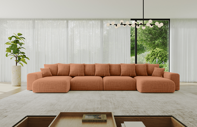 Bezug: Flechtstoff, Farbe: Apricot - Aragon 56, Stellvariante: U-Form, Stoffbeschreibung: Polsterstoff Aragon: hochwertige und elegante Struktur,weich und angenehm im Griff,scheuerfest (45.000-60000 Zyklen), Gewicht von 340 g/m²,Reibungswiderstand 4–5, Materialzusammensetzung: 100% Polyseter, Pilling Resistenz: 5, Abriebfestigkeit: 4, Scheuerbeständigkeit: 60000 Martindale-Zyklen, Ausstattung: Kissen, Zimmer: Wohnzimmer, Tiefe: 176 cm, Breite: 464 cm, Höhe: 72 cm, Länge der Schlaffläche: 395 cm, Breite der Schlaffläche: 150 cm, Liegehöhe: 45 cm, Anzahl der Sitzflächen: 6, Sitzfüllung: Wellenfeder + HR35 und T30-Schaum, Anzahl der Rückenkissen: 9, Art der Rückenkissen: Rückenkissen, Annzahl der Sitzkissen: 4, Anzahl der Zierkissen: 2, Material der Füße: Kunststoff, Höhe der Füße: 5 cm, Farbe der Füße: Schwarz, Tiefe der Armlehnen: 126 cm, Breite der Armlehnen: 32 cm, Höhe der Armlehnen: 57 cm, Breite der Ottomane: 100 cm, Tiefe der Ottomane: 160 cm, Tiefe der Sitzfläche: 116 cm, Sitzhöhe: 45 cm, Art des Stauraumes: Innenfach geschlossen, Schlaffunktion: Mit Schlaffunktion - 1