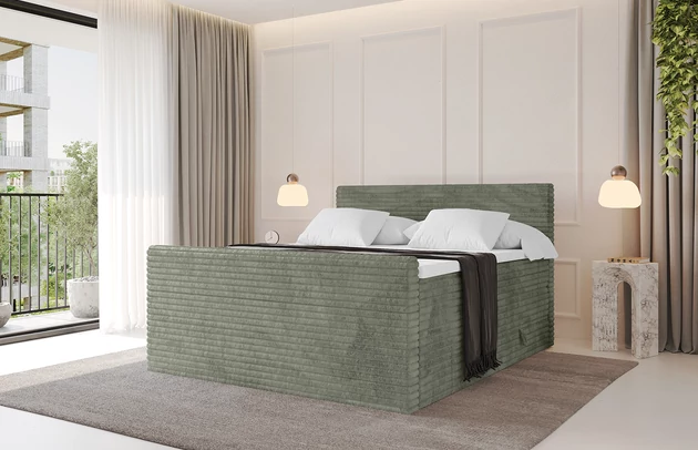 Bezug: Cord, Farbe: Olivgrün - Tilia 37, Stoffbeschreibung: Polsterstoff Cord: angenehma Polsterstoff mit Kordstruktur (90-100 000 Martindale-Zyklen) und leicht zu reinigender Möbellstoff, pillingarm (4-5), aus 100%PES, 420 g/m2 ±5 %, Zimmer: Schlafzimmer, Länge: 215 cm, Breite: 200 cm, Höhe: 115 cm, Größe: 200x200 cm, Länge der Schlaffläche: 200 cm, Breite der Schlaffläche: 200 cm, Liegehöhe: 73 cm, Härtegrad der Matratze: H3 und H4, Höhe der Matratze: 20 cm, Matratze: Multipocketfederung/Bonellfederung, Farbe des Toppers: Weiß, Höhe des Toppers: 5 cm, Material des Toppers: Schaumstoff, Bettkasten: Ja, Anzahl der Bettkasten: 2, Höhe der Bettkasten: 30 cm, Höhe des Kopfteils: 115 cm, Dicke des Kopfteils: 8 cm, Gepolsterte Rückseite: Nein - 1