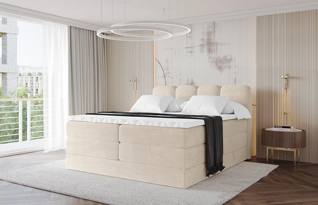 Bezug: Cord, Farbe: Beige - Poso 105, Stoffbeschreibung: Polsterstoff Poso: angenehm anzufühlender Velours mit Kordstruktur (35000 MartindaleZyklen) und leicht zu reinigender Möbellstoff, lichtecht (5) und pillingarm (5), 380 g/m2 ±5%, Zimmer: Schlafzimmer, Länge: 207 cm, Breite: 120 cm, Höhe: 115 cm, Größe: 120x200 cm, Länge der Schlaffläche: 200 cm, Breite der Schlaffläche: 120 cm, Liegehöhe: 73 cm, Härtegrad der Matratze: h3-h4, Höhe der Matratze: 20+18 cm, Matratze: Multipocketfederung und Bonellfederung, Farbe des Toppers: Weiß, Höhe des Toppers: 5 cm, Material des Toppers: Schaumstoff, Bettkasten: Ja, Anzahl der Bettkasten: 2, Höhe der Bettkasten: 30 cm, Höhe des Kopfteils: 115 cm, Material der Füße: Kunststoff, Höhe der Füße: 1,5 cm, Dicke des Kopfteils: 7 cm, Dicke des Fußteils: 7 cm, Gepolsterte Rückseite: Nein - 1