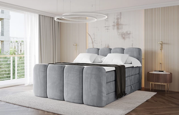 Bezug: Samt, Farbe: Hellgrau - Monolith 84, Stoffbeschreibung: Polsterstoff Monolith: Wasserabweisender und leicht zu reinigender Möbelstoff, scheuerfest (100.000 Martindale-Zyklen) lichtecht (5) und pillingarm (4-5), aus 100 % PES, Zimmer: Schlafzimmer, Länge: 212 cm, Breite: 180 cm, Höhe: 115 cm, Größe: 180x200 cm, Länge der Schlaffläche: 200 cm, Breite der Schlaffläche: 180 cm, Liegehöhe: 55 cm, Härtegrad der Matratze: H3 und H4, Höhe der Matratze: 20 cm, Farbe des Toppers: Weiß, Höhe des Toppers: 5 cm, Material des Toppers: Schaumstoff, Bettkasten: Ja, Anzahl der Bettkasten: 2, Höhe der Bettkasten: 30 cm, Höhe des Kopfteils: 115 cm, Material der Füße: Plastik, Höhe der Füße: 2 cm, Dicke des Kopfteils: 8 cm, Dicke des Fußteils: 7 cm, Gepolsterte Rückseite: Nein - 1