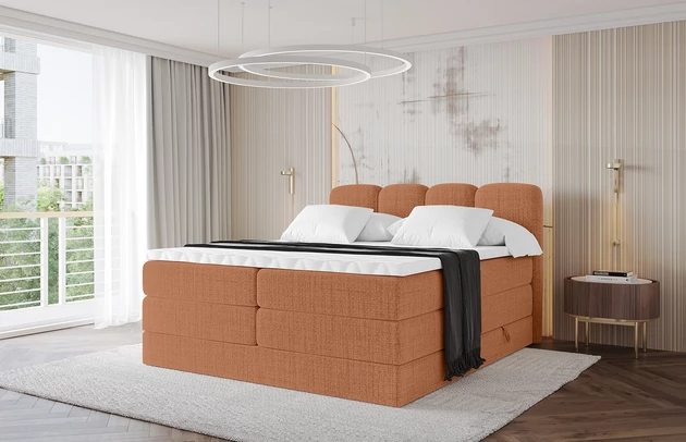 Bezug: Flechtstoff, Farbe: Apricot - Aragon 56, Stoffbeschreibung: Polsterstoff Aragon: hochwertige und elegante Struktur, weich und angenehm im Griff, scheuerfest (45.000-60000 Zyklen), Gewicht von 340 g/m², Reibungswiderstand 4–5, Zimmer: Schlafzimmer, Länge: 207 cm, Breite: 120 cm, Höhe: 115 cm, Größe: 120x200 cm, Länge der Schlaffläche: 200 cm, Breite der Schlaffläche: 120 cm, Liegehöhe: 73 cm, Härtegrad der Matratze: h3-h4, Höhe der Matratze: 20+18 cm, Matratze: Multipocketfederung und Bonellfederung, Farbe des Toppers: Weiß, Höhe des Toppers: 5 cm, Material des Toppers: Schaumstoff, Bettkasten: Ja, Anzahl der Bettkasten: 2, Höhe der Bettkasten: 30 cm, Höhe des Kopfteils: 115 cm, Material der Füße: Kunststoff, Höhe der Füße: 1,5 cm, Dicke des Kopfteils: 7 cm, Dicke des Fußteils: 7 cm, Gepolsterte Rückseite: Nein - 1