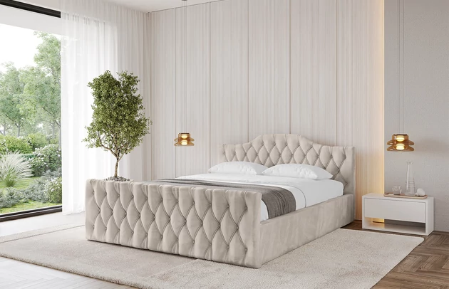 Bezug: Velvet, Farbe: Beige - Casablanca 2301, Stoffbeschreibung: Polsterstoff Casablanca: „Pet-friendly“, leicht zu reinigen (CleanBOO+), wasserabweisend mit Lotuseffekt, scheuerfest (45.000 Martindale- Zyklen), Gewicht 310g/m2 ±5 %, Zimmer: Schlafzimmer, Länge: 222 cm, Breite: 136 cm, Höhe: 81 cm, Größe: 120x200 cm, Länge der Schlaffläche: 200 cm, Breite der Schlaffläche: 120-cm, Liegehöhe: 48 cm, Matratze: Mit H3 / H4 Taschenfederkern Matratze, Höhe der Matratze: 25 cm, Matratzentyp: Taschenfederkernmatratze, Bettkasten: Ja, Anzahl der Bettkasten: 1, Höhe der Bettkasten: 30 cm, Höhe des Kopfteils: 81 cm, Dicke des Kopfteils: 8 cm, Dicke des Fußteils: 7 cm, Gepolsterte Rückseite: Nein - 1