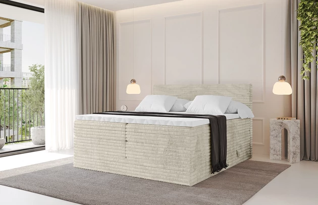 Bezug: Cord, Farbe: Creme - Tilia 03, Stoffbeschreibung: Polsterstoff Cord: angenehma Polsterstoff mit Kordstruktur (90-100 000 Martindale-Zyklen) und leicht zu reinigender Möbellstoff, pillingarm (4-5), aus 100%PES, 420 g/m2 ±5 %, Zimmer: Schlafzimmer, Länge: 207 cm, Breite: 140 cm, Höhe: 115 cm, Größe: 140x200 cm, Länge der Schlaffläche: 200 cm, Breite der Schlaffläche: 140 cm, Liegehöhe: 73 cm, Härtegrad der Matratze: H3 und H4, Höhe der Matratze: 20 cm, Matratze: Multipocketfederung/Bonellfederung, Farbe des Toppers: Weiß, Höhe des Toppers: 5 cm, Material des Toppers: Schaumstoff, Bettkasten: Ja, Anzahl der Bettkasten: 2, Höhe der Bettkasten: 30 cm, Höhe des Kopfteils: 115 cm, Dicke des Kopfteils: 8 cm, Gepolsterte Rückseite: Nein - 1