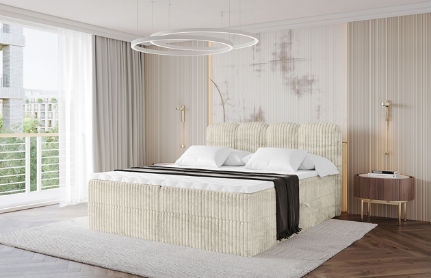 Bezug: Cord, Farbe: Creme - Tilia 03, Stoffbeschreibung: Polsterstoff Tilia: angenehmer Polsterstoff mit Kordstruktur (90.000 Martindale-Zyklen) und leicht zu reinigender Möbelstoff, pillingarm (4-5), aus 100 % PES, 420 g/m² ±5 %, Zimmer: Schlafzimmer, Länge: 210 cm, Breite: 146 cm, Höhe: 110 cm, Größe: 140x200 cm, Länge der Schlaffläche: 200 cm, Breite der Schlaffläche: 140 cm, Liegehöhe: 55 cm, Härtegrad der Matratze: H3, Höhe der Matratze: 20 cm, Matratze: Bonellfederung, Farbe des Toppers: Weiß, Höhe des Toppers: 5 cm, Material des Toppers: Schaumstoff, Bettkasten: Ja, Anzahl der Bettkasten: 2, Höhe der Bettkasten: 30 cm, Höhe des Kopfteils: 110 cm, Material der Füße: Kunststoff, Höhe der Füße: 1,5 cm, Dicke des Kopfteils: 7 cm, Dicke des Fußteils: 7 cm, Gepolsterte Rückseite: Nein - 1