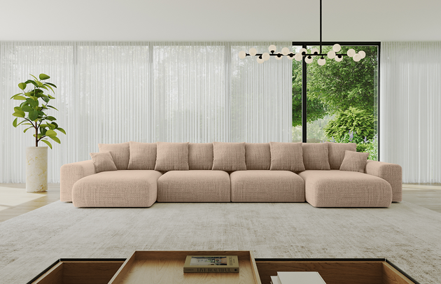 Bezug: Flechtstoff, Farbe: Dunkelbeige - Aragon 14, Stellvariante: U-Form, Stoffbeschreibung: Polsterstoff Aragon: hochwertige und elegante Struktur,weich und angenehm im Griff,scheuerfest (45.000-60000 Zyklen), Gewicht von 340 g/m²,Reibungswiderstand 4–5, Materialzusammensetzung: 100% Polyseter, Pilling Resistenz: 5, Abriebfestigkeit: 4, Scheuerbeständigkeit: 60000 Martindale-Zyklen, Ausstattung: Kissen, Zimmer: Wohnzimmer, Tiefe: 176 cm, Breite: 464 cm, Höhe: 72 cm, Länge der Schlaffläche: 395 cm, Breite der Schlaffläche: 150 cm, Liegehöhe: 45 cm, Anzahl der Sitzflächen: 6, Sitzfüllung: Wellenfeder + HR35 und T30-Schaum, Anzahl der Rückenkissen: 9, Art der Rückenkissen: Rückenkissen, Annzahl der Sitzkissen: 4, Anzahl der Zierkissen: 2, Material der Füße: Kunststoff, Höhe der Füße: 5 cm, Farbe der Füße: Schwarz, Tiefe der Armlehnen: 126 cm, Breite der Armlehnen: 32 cm, Höhe der Armlehnen: 57 cm, Breite der Ottomane: 100 cm, Tiefe der Ottomane: 160 cm, Tiefe der Sitzfläche: 116 cm, Sitzhöhe: 45 cm, Art des Stauraumes: Innenfach geschlossen, Schlaffunktion: Mit Schlaffunktion - 1