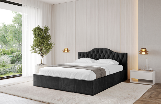 Bezug: Samt, Farbe: Schwarz - Casablanca 2316, Stoffbeschreibung: Polsterstoff Casablanca: „Pet-friendly“, leicht zu reinigen (CleanBOO+), wasserabweisend mit Lotuseffekt, scheuerfest (45.000 Martindale-Zyklen), Gewicht 310 g/m² ±5 %, Zimmer: Schlafzimmer, Länge: 215 cm, Breite: 136 cm, Höhe: 81 cm, Größe: 120x200 cm, Länge der Schlaffläche: 200 cm, Breite der Schlaffläche: 120 cm, Liegehöhe: 48 cm, Matratze: Mit H3 / H4 Taschenfederkern Matratze, Höhe der Matratze: 25 cm, Matratzentyp: Taschenfederkernmatratze, Bettkasten: Ja, Anzahl der Bettkasten: 1, Höhe der Bettkasten: 30 cm, Höhe des Kopfteils: 81 cm, Dicke des Kopfteils: 13 cm, Gepolsterte Rückseite: Nein - 1