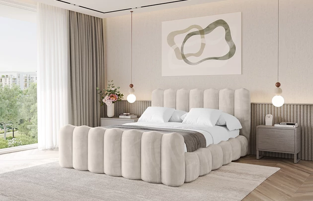 Bezug: Velvet, Farbe: Beige - Casablanca 2301, Stoffbeschreibung: Polsterstoff Casablanca: „Pet-friendly“, leicht zu reinigen (CleanBOO+), wasserabweisend mit Lotuseffekt, scheuerfest (45.000 Martindale- Zyklen), Gewicht 310g/m2 ±5 %, Zimmer: Schlafzimmer, Länge: 224 cm, Breite: 148 cm, Höhe: 110 cm, Größe: 120x200 cm, Länge der Schlaffläche: 200 cm, Breite der Schlaffläche: 120-cm, Liegehöhe: 48 cm, Matratze: Mit H3 / H4 Taschenfederkern Matratze, Höhe der Matratze: 25 cm, Matratzentyp: Taschenfederkernmatratze, Bettkasten: Ja, Anzahl der Bettkasten: 1, Höhe der Bettkasten: 33 cm, Höhe des Kopfteils: 110 cm, Dicke des Kopfteils: 8 cm, Dicke des Fußteils: 7 cm, Gepolsterte Rückseite: Nein - 1