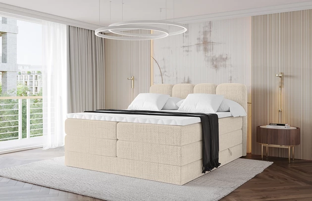 Bezug: Flechtstoff, Farbe: Beige - Aragon 03, Stoffbeschreibung: Polsterstoff Aragon: hochwertige und elegante Struktur, weich und angenehm im Griff, scheuerfest (45.000-60000 Zyklen), Gewicht von 340 g/m², Reibungswiderstand 4–5, Zimmer: Schlafzimmer, Länge: 207 cm, Breite: 120 cm, Höhe: 115 cm, Größe: 120x200 cm, Länge der Schlaffläche: 200 cm, Breite der Schlaffläche: 120 cm, Liegehöhe: 73 cm, Härtegrad der Matratze: h3-h4, Höhe der Matratze: 20+18 cm, Matratze: Multipocketfederung und Bonellfederung, Farbe des Toppers: Weiß, Höhe des Toppers: 5 cm, Material des Toppers: Schaumstoff, Bettkasten: Ja, Anzahl der Bettkasten: 2, Höhe der Bettkasten: 30 cm, Höhe des Kopfteils: 115 cm, Material der Füße: Kunststoff, Höhe der Füße: 1,5 cm, Dicke des Kopfteils: 7 cm, Dicke des Fußteils: 7 cm, Gepolsterte Rückseite: Nein - 1