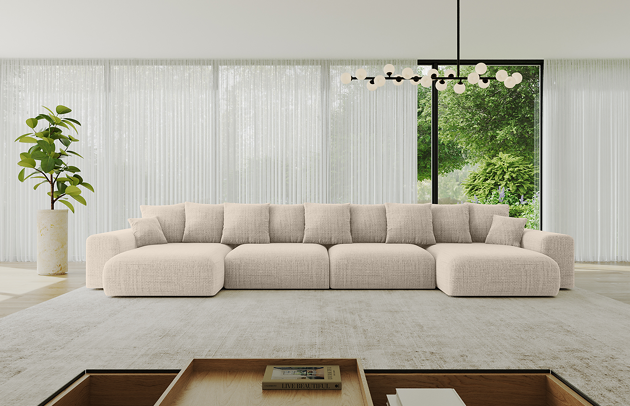 Bezug: Flechtstoff, Farbe: Beige - Aragon 03, Stellvariante: U-Form, Stoffbeschreibung: Polsterstoff Aragon: hochwertige und elegante Struktur,weich und angenehm im Griff,scheuerfest (45.000-60000 Zyklen), Gewicht von 340 g/m²,Reibungswiderstand 4–5, Materialzusammensetzung: 100% Polyseter, Pilling Resistenz: 5, Abriebfestigkeit: 4, Scheuerbeständigkeit: 60000 Martindale-Zyklen, Ausstattung: Kissen, Zimmer: Wohnzimmer, Tiefe: 176 cm, Breite: 464 cm, Höhe: 72 cm, Länge der Schlaffläche: 395 cm, Breite der Schlaffläche: 150 cm, Liegehöhe: 45 cm, Anzahl der Sitzflächen: 6, Sitzfüllung: Wellenfeder + HR35 und T30-Schaum, Anzahl der Rückenkissen: 9, Art der Rückenkissen: Rückenkissen, Annzahl der Sitzkissen: 4, Anzahl der Zierkissen: 2, Material der Füße: Kunststoff, Höhe der Füße: 5 cm, Farbe der Füße: Schwarz, Tiefe der Armlehnen: 126 cm, Breite der Armlehnen: 32 cm, Höhe der Armlehnen: 57 cm, Breite der Ottomane: 100 cm, Tiefe der Ottomane: 160 cm, Tiefe der Sitzfläche: 116 cm, Sitzhöhe: 45 cm, Art des Stauraumes: Innenfach geschlossen, Schlaffunktion: Mit Schlaffunktion - 1