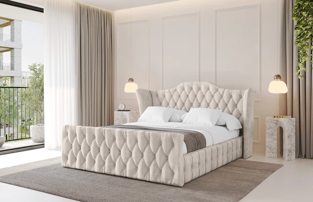 Bezug: Velvet, Farbe: Beige - Casablanca 2301, Stoffbeschreibung: Polsterstoff Casablanca: „Pet-friendly“, leicht zu reinigen (CleanBOO+), wasserabweisend mit Lotuseffekt, scheuerfest (45.000 Martindale- Zyklen), Gewicht 310g/m2 ±5 %, Zimmer: Schlafzimmer, Länge: 222 cm, Breite: 136 cm, Höhe: 105 cm, Größe: 120x200 cm, Länge der Schlaffläche: 200 cm, Breite der Schlaffläche: 120-cm, Liegehöhe: 48 cm, Matratze: Mit H3 / H4 Taschenfederkern Matratze, Höhe der Matratze: 25 cm, Matratzentyp: Taschenfederkernmatratze, Bettkasten: Ja, Anzahl der Bettkasten: 1, Höhe der Bettkasten: 30 cm, Höhe des Kopfteils: 105 cm, Dicke des Kopfteils: 8 cm, Dicke des Fußteils: 7 cm, Gepolsterte Rückseite: Nein - 1