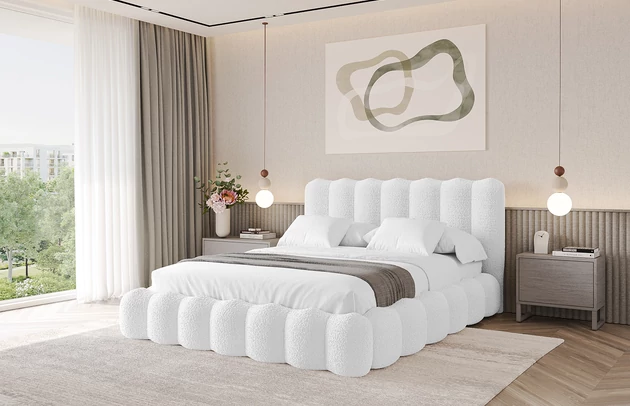 Bezug: Bouclé, Farbe: Weiß - Quelle 01, Stoffbeschreibung: polsterstoff-quelle-hochwertiger-boucle-stoff-strapazierfahig-atmungsaktiv-und-pflegeleicht-80-000-martindale-zyklen-100-pes-pillingarm4-5-gewicht-315-g-m2-±5, Zimmer: Schlafzimmer, Länge: 224 cm, Breite: 228 cm, Höhe: 110 cm, Größe: 200x200 cm, Länge der Schlaffläche: 200 cm, Breite der Schlaffläche: 200 cm, Liegehöhe: 48 cm, Matratze: Mit H3 / H4 Taschenfederkern Matratze, Höhe der Matratze: 25 cm, Matratzentyp: Taschenfederkernmatratze, Bettkasten: Ja, Anzahl der Bettkasten: 1, Höhe der Bettkasten: 33 cm, Höhe des Kopfteils: 110 cm, Dicke des Kopfteils: 8 cm, Gepolsterte Rückseite: Nein - 1