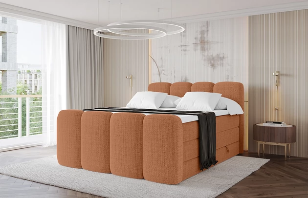 Bezug: Flechtstoff, Farbe: Apricot - Aragon 56, Stoffbeschreibung: Polsterstoff Aragon: hochwertige und elegante Struktur, weich und angenehm im Griff, scheuerfest (45.000-60000 Zyklen), Gewicht von 340 g/m², Reibungswiderstand 4–5, Zimmer: Schlafzimmer, Länge: 212 cm, Breite: 120 cm, Höhe: 115 cm, Größe: 120x200 cm, Länge der Schlaffläche: 200 cm, Breite der Schlaffläche: 120 cm, Liegehöhe: 73 cm, Härtegrad der Matratze: h3-h4, Höhe der Matratze: 20+18 cm, Matratze: Multipocketfederung und Bonellfederung, Farbe des Toppers: Weiß, Höhe des Toppers: 5 cm, Material des Toppers: Schaumstoff, Bettkasten: Ja, Anzahl der Bettkasten: 2, Höhe der Bettkasten: 30 cm, Höhe des Kopfteils: 115 cm, Material der Füße: Kunststoff, Höhe der Füße: 1,5 cm, Dicke des Kopfteils: 7 cm, Dicke des Fußteils: 5 cm, Gepolsterte Rückseite: Nein - 1