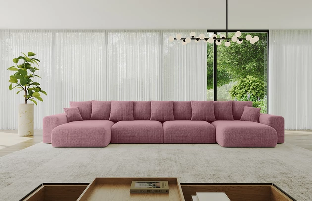 Bezug: Flechtstoff, Farbe: Altrosa - Aragon 69, Stellvariante: U-Form, Stoffbeschreibung: Polsterstoff Aragon: hochwertige und elegante Struktur,weich und angenehm im Griff,scheuerfest (45.000-60000 Zyklen), Gewicht von 340 g/m²,Reibungswiderstand 4–5, Materialzusammensetzung: 100% Polyseter, Pilling Resistenz: 5, Abriebfestigkeit: 4, Scheuerbeständigkeit: 60000 Martindale-Zyklen, Ausstattung: Kissen, Zimmer: Wohnzimmer, Tiefe: 176 cm, Breite: 464 cm, Höhe: 72 cm, Länge der Schlaffläche: 395 cm, Breite der Schlaffläche: 150-cm, Liegehöhe: 45 cm, Anzahl der Sitzflächen: 6, Sitzfüllung: Wellenfeder + HR35 und T30-Schaum, Anzahl der Rückenkissen: 9, Art der Rückenkissen: Rückenkissen, Annzahl der Sitzkissen: 4, Anzahl der Zierkissen: 2, Material der Füße: Kunststoff, Höhe der Füße: 5 cm, Farbe der Füße: Schwarz, Tiefe der Armlehnen: 126 cm, Breite der Armlehnen: 32 cm, Höhe der Armlehnen: 57 cm, Breite der Ottomane: 100 cm, Tiefe der Ottomane: 160 cm, Tiefe der Sitzfläche: 116 cm, Sitzhöhe: 45 cm, Art des Stauraumes: Innenfach geschlossen - 1