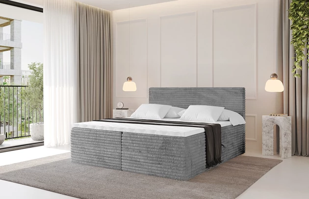 Bezug: Cord, Farbe: Grau - Tilia 86, Stoffbeschreibung: Polsterstoff Cord: angenehma Polsterstoff mit Kordstruktur (90-100 000 Martindale-Zyklen) und leicht zu reinigender Möbellstoff, pillingarm (4-5), aus 100%PES, 420 g/m2 ±5 %, Zimmer: Schlafzimmer, Länge: 207 cm, Breite: 200 cm, Höhe: 105 cm, Größe: 200x200 cm, Länge der Schlaffläche: 200 cm, Breite der Schlaffläche: 200 cm, Liegehöhe: 55 cm, Härtegrad der Matratze: H3, Höhe der Matratze: 20 cm, Matratze: Bonellfederung, Farbe des Toppers: Weiß, Höhe des Toppers: 5 cm, Material des Toppers: Schaumstoff, Bettkasten: Ja, Anzahl der Bettkasten: 2, Höhe der Bettkasten: 30 cm, Höhe des Kopfteils: 105 cm, Dicke des Kopfteils: 8 cm, Gepolsterte Rückseite: Nein - 1