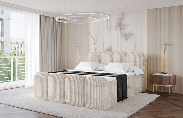 Bezug: Cord, Farbe: Creme - Tilia 01, Stoffbeschreibung: Polsterstoff Tilia: angenehma Polsterstoff mit Kordstruktur (90-100 000 Martindale-Zyklen) und leicht zu reinigender Möbellstoff, pillingarm (4-5), aus 100%PES, 420 g/m2 ±5 %, Zimmer: Schlafzimmer, Länge: 212 cm, Breite: 200 cm, Höhe: 105 cm, Größe: 200x200 cm, Länge der Schlaffläche: 200 cm, Breite der Schlaffläche: 200 cm, Liegehöhe: 55 cm, Härtegrad der Matratze: H3, Höhe der Matratze: 20 cm, Matratze: Bonellfederung, Farbe des Toppers: Weiß, Höhe des Toppers: 5 cm, Material des Toppers: Schaumstoff, Bettkasten: Ja, Anzahl der Bettkasten: 2, Höhe der Bettkasten: 30 cm, Höhe des Kopfteils: 105 cm, Material der Füße: Kunststoff, Höhe der Füße: 1,5 cm, Dicke des Kopfteils: 7 cm, Dicke des Fußteils: 5 cm, Gepolsterte Rückseite: Nein - 1