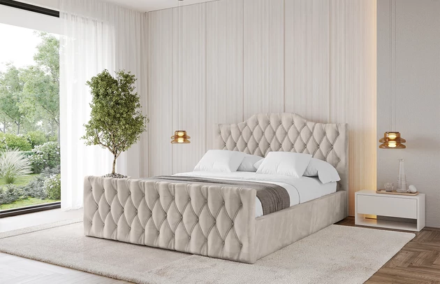 Bezug: Velvet, Farbe: Beige - Casablanca 2301, Stoffbeschreibung: Polsterstoff Casablanca: „Pet-friendly“, leicht zu reinigen (CleanBOO+), wasserabweisend mit Lotuseffekt, scheuerfest (45.000 Martindale- Zyklen), Gewicht 310g/m2 ±5 %, Zimmer: Schlafzimmer, Länge: 222 cm, Breite: 136 cm, Höhe: 105 cm, Größe: 120x200 cm, Länge der Schlaffläche: 200 cm, Breite der Schlaffläche: 120-cm, Liegehöhe: 48 cm, Matratze: Mit H3 / H4 Taschenfederkern Matratze, Höhe der Matratze: 25 cm, Matratzentyp: Taschenfederkernmatratze, Bettkasten: Ja, Anzahl der Bettkasten: 1, Höhe der Bettkasten: 30 cm, Höhe des Kopfteils: 105 cm, Dicke des Kopfteils: 8 cm, Dicke des Fußteils: 7 cm, Gepolsterte Rückseite: Nein - 1