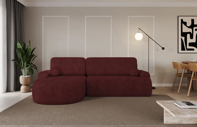 Bezug: Samt, Farbe: Bordeauxrot - Dream Velvet 202.11, Stellvariante: Ottomane Links, Stoffbeschreibung: Polsterstoff Dream Velvet: Wasserabweisender und leicht zu reinigender Möbelstoff, scheuerfest (30.000 Martindale-Zyklen) lichtecht(6), pillingarm(4-5), 100 % PES, 360 g/m2±5%, Materialzusammensetzung: 100% Polyester, Pilling Resistenz: 5, Abriebfestigkeit: 5, Scheuerbeständigkeit: 30000 Martindale-Zyklen, Zimmer: Wohnzimmer, Tiefe: 172 cm, Breite: 264 cm, Höhe: 89 cm, Schlaffunktion: Mit Schlaffunktion, Länge der Schlaffläche: 210 cm, Liegehöhe: 42 cm, Anzahl der Sitzflächen: 3, Anzahl der Rückenkissen: 2, Art der Rückenkissen: Abnehmabr, Annzahl der Sitzkissen: 2, Anzahl der Zierkissen: 2, Material der Füße: Kunststoff, Höhe der Füße: 2 cm, Farbe der Füße: Schwarz, Breite der Ottomane: 107 cm, Tiefe der Ottomane: 128 cm, Tiefe der Sitzfläche: 57 cm, Sitzhöhe: 42 cm, Art des Stauraumes: Innenfach geschlossen - 1