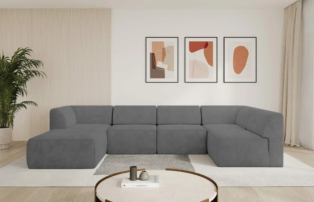 Bezug: Samt, Farbe: Grau - Dream Velvet 202.17, Stellvariante: Ottomane Links, Stoffbeschreibung: Polsterstoff Dream Velvet: Wasserabweisender und leicht zu reinigender Möbelstoff, scheuerfest (30.000 Martindale-Zyklen) lichtecht(6), pillingarm(4-5), 100 % PES, 360 g/m2±5%, Materialzusammensetzung: 100% Polyester, Pilling Resistenz: 5, Abriebfestigkeit: 5, Scheuerbeständigkeit: 30000 Martindale-Zyklen, Zimmer: Wohnzimmer, Tiefe: 180 cm, Breite: 345 cm, Höhe: 78 cm, Anzahl der Sitzflächen: 6, Art der Rückenkissen: Rückenlehne - feste, Annzahl der Sitzkissen: 5, Material der Füße: Kunststoff, Höhe der Füße: 4 cm, Breite der Ottomane: 106 cm, Tiefe der Ottomane: 156 cm, Tiefe der Sitzfläche: 60 cm, Sitzhöhe: 40 cm - 1