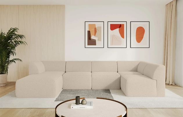 Bezug: Bouclé, Farbe: Dunkelbeige - Quelle 06, Stellvariante: Ottomane Links, Stoffbeschreibung: polsterstoff-quelle-hochwertiger-boucle-stoff-strapazierfahig-atmungsaktiv-und-pflegeleicht-80-000-martindale-zyklen-100-pes-pillingarm4-5-gewicht-315-g-m2-±5, Materialzusammensetzung: 100% Polyester, Pilling Resistenz: 5, Abriebfestigkeit: 4, Scheuerbeständigkeit: 80000 Martindale-Zyklen, Zimmer: Wohnzimmer, Tiefe: 180 cm, Breite: 345 cm, Höhe: 78 cm, Anzahl der Sitzflächen: 6, Sitzfüllung: Schaum HR35 20 cm, Art der Rückenkissen: Rückenlehne - feste, Annzahl der Sitzkissen: 5, Material der Füße: Kunststoff, Höhe der Füße: 4 cm, Breite der Ottomane: 106 cm, Tiefe der Ottomane: 156 cm, Tiefe der Sitzfläche: 60 cm, Sitzhöhe: 40 cm - 1