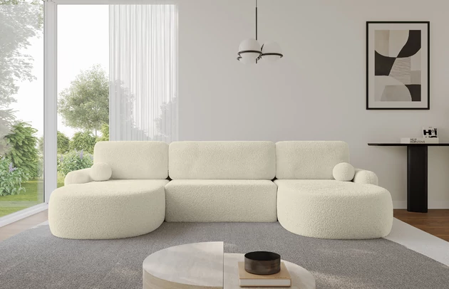 Bezug: Bouclé, Farbe: Beige - Quelle 02, Stellvariante: U-Form, Stoffbeschreibung: polsterstoff-quelle-hochwertiger-boucle-stoff-strapazierfahig-atmungsaktiv-und-pflegeleicht-80-000-martindale-zyklen-100-pes-pillingarm4-5-gewicht-315-g-m2-±5, Materialzusammensetzung: 100% Polyester, Pilling Resistenz: 5, Abriebfestigkeit: 4, Scheuerbeständigkeit: 80000 Martindale-Zyklen, Zimmer: Wohnzimmer, Tiefe: 172 cm, Breite: 335 cm, Höhe: 89 cm, Schlaffunktion: Mit Schlaffunktion, Länge der Schlaffläche: 299 cm, Breite der Schlaffläche: 132-cm, Liegehöhe: 42 cm, Anzahl der Sitzflächen: 3, Sitzfüllung: Wellenfeder + T30-Schaumstoff, Anzahl der Rückenkissen: 3, Art der Rückenkissen: Abnehmabr, Annzahl der Sitzkissen: 3, Anzahl der Zierkissen: 2, Material der Füße: Kunststoff, Höhe der Füße: 2 cm, Farbe der Füße: Schwarz, Breite der Ottomane: 107 cm, Tiefe der Ottomane: 128 cm, Tiefe der Sitzfläche: 57 cm, Sitzhöhe: 42 cm, Art des Stauraumes: Innenfach geschlossen - 1