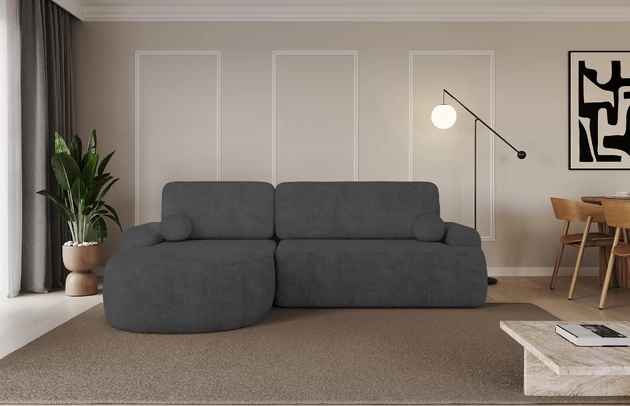 Bezug: Samt, Farbe: Dunkelgrau - Dream Velvet 202.13, Stellvariante: Ottomane Links, Stoffbeschreibung: Polsterstoff Dream Velvet: Wasserabweisender und leicht zu reinigender Möbelstoff, scheuerfest (30.000 Martindale-Zyklen) lichtecht(6), pillingarm(4-5), 100 % PES, 360 g/m2±5%, Materialzusammensetzung: 100% Polyester, Pilling Resistenz: 5, Abriebfestigkeit: 5, Scheuerbeständigkeit: 30000 Martindale-Zyklen, Zimmer: Wohnzimmer, Tiefe: 172 cm, Breite: 264 cm, Höhe: 89 cm, Schlaffunktion: Mit Schlaffunktion, Länge der Schlaffläche: 210 cm, Liegehöhe: 42 cm, Anzahl der Sitzflächen: 3, Anzahl der Rückenkissen: 2, Art der Rückenkissen: Abnehmabr, Annzahl der Sitzkissen: 2, Anzahl der Zierkissen: 2, Material der Füße: Kunststoff, Höhe der Füße: 2 cm, Farbe der Füße: Schwarz, Breite der Ottomane: 107 cm, Tiefe der Ottomane: 128 cm, Tiefe der Sitzfläche: 57 cm, Sitzhöhe: 42 cm, Art des Stauraumes: Innenfach geschlossen - 1