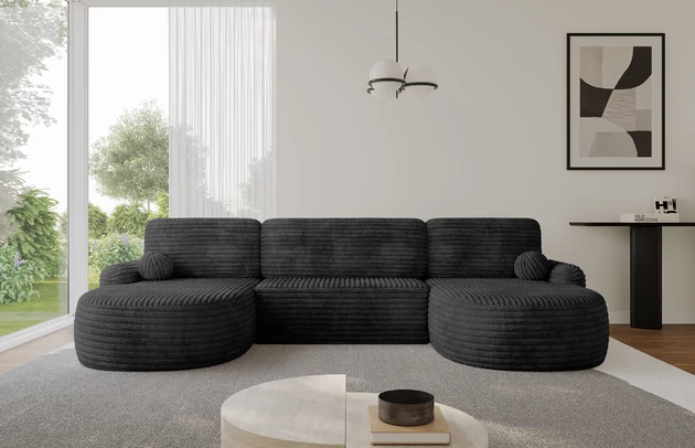 Bezug: Cord, Farbe: Schwarz - Tilia 100, Stellvariante: U-Form, Stoffbeschreibung: Polsterstoff Cord: angenehma Polsterstoff mit Kordstruktur (90-100 000 Martindale-Zyklen) und leicht zu reinigender Möbellstoff, pillingarm (4-5), aus 100%PES, 420 g/m2 ±5 %, Materialzusammensetzung: 100% Polyester, Pilling Resistenz: 4, Abriebfestigkeit: 5, Scheuerbeständigkeit: 100000 Martindale-Zyklen, Zimmer: Wohnzimmer, Tiefe: 172 cm, Breite: 335 cm, Höhe: 89 cm, Schlaffunktion: Mit Schlaffunktion, Länge der Schlaffläche: 299 cm, Breite der Schlaffläche: 132-cm, Liegehöhe: 42 cm, Anzahl der Sitzflächen: 3, Sitzfüllung: Wellenfeder + T30-Schaumstoff, Anzahl der Rückenkissen: 3, Art der Rückenkissen: Abnehmabr, Annzahl der Sitzkissen: 3, Anzahl der Zierkissen: 2, Material der Füße: Kunststoff, Höhe der Füße: 2 cm, Farbe der Füße: Schwarz, Breite der Ottomane: 107 cm, Tiefe der Ottomane: 128 cm, Tiefe der Sitzfläche: 57 cm, Sitzhöhe: 42 cm, Art des Stauraumes: Innenfach geschlossen - 1