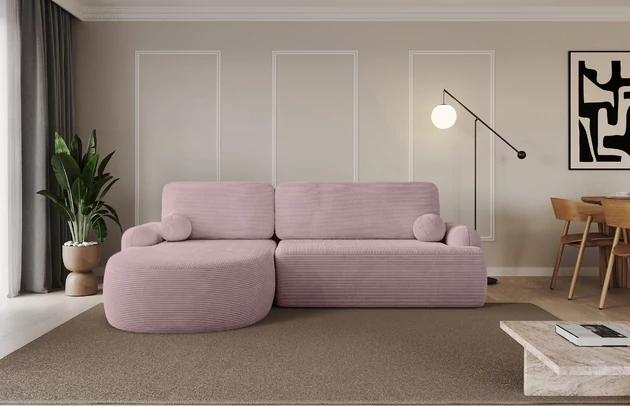 Bezug: Cord, Farbe: Rosa - Poso 145, Stellvariante: Ottomane Links, Stoffbeschreibung: POSO ist ein angenehm anzufühlender Velours mit Kordstruktur (35000 MartindaleZyklen) und leicht zu reinigender Möbellstoff, lichtecht (5) und pillingarm (5), Gewicht 380 g/m2 ±5%, Materialzusammensetzung: 100% Polyester, Pilling Resistenz: 5, Abriebfestigkeit: 4, Scheuerbeständigkeit: 30000 Martindale-Zyklen, Zimmer: Wohnzimmer, Tiefe: 172 cm, Breite: 264 cm, Höhe: 89 cm, Schlaffunktion: Mit Schlaffunktion, Länge der Schlaffläche: 210 cm, Breite der Schlaffläche: 132-cm, Liegehöhe: 42 cm, Anzahl der Sitzflächen: 3, Sitzfüllung: Wellenfeder + T30-Schaumstoff, Anzahl der Rückenkissen: 2, Art der Rückenkissen: Abnehmabr, Annzahl der Sitzkissen: 2, Anzahl der Zierkissen: 2, Material der Füße: Kunststoff, Höhe der Füße: 2 cm, Farbe der Füße: Schwarz, Breite der Ottomane: 107 cm, Tiefe der Ottomane: 128 cm, Tiefe der Sitzfläche: 57 cm, Sitzhöhe: 42 cm, Art des Stauraumes: Innenfach geschlossen - 1