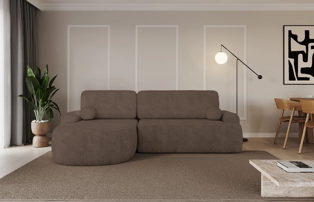 Bezug: Samt, Farbe: Braun - Dream Velvet 202.37, Stellvariante: Ottomane Links, Stoffbeschreibung: Polsterstoff Dream Velvet: Wasserabweisender und leicht zu reinigender Möbelstoff, scheuerfest (30.000 Martindale-Zyklen) lichtecht(6), pillingarm(4-5), 100 % PES, 360 g/m2±5%, Materialzusammensetzung: 100% Polyester, Pilling Resistenz: 5, Abriebfestigkeit: 5, Scheuerbeständigkeit: 30000 Martindale-Zyklen, Zimmer: Wohnzimmer, Tiefe: 172 cm, Breite: 264 cm, Höhe: 89 cm, Schlaffunktion: Mit Schlaffunktion, Länge der Schlaffläche: 210 cm, Liegehöhe: 42 cm, Anzahl der Sitzflächen: 3, Anzahl der Rückenkissen: 2, Art der Rückenkissen: Abnehmabr, Annzahl der Sitzkissen: 2, Anzahl der Zierkissen: 2, Material der Füße: Kunststoff, Höhe der Füße: 2 cm, Farbe der Füße: Schwarz, Breite der Ottomane: 107 cm, Tiefe der Ottomane: 128 cm, Tiefe der Sitzfläche: 57 cm, Sitzhöhe: 42 cm, Art des Stauraumes: Innenfach geschlossen - 1
