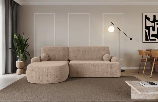 Bezug: Flechtstoff, Farbe: Dunkelbeige - Aragon 14, Stellvariante: Ottomane Links, Stoffbeschreibung: polsterstoff-aragon-hochwertige-und-elegante-strukturweich-und-angenehm-im-griffscheuerfest-45-000-60000-zyklen-gewicht-von-340-g-m2reibungswiderstand-4-5, Materialzusammensetzung: 100% Polyester, Pilling Resistenz: 5, Abriebfestigkeit: 4, Scheuerbeständigkeit: 60000 Martindale-Zyklen, Zimmer: Wohnzimmer, Tiefe: 172 cm, Breite: 264 cm, Höhe: 89 cm, Schlaffunktion: Mit Schlaffunktion, Länge der Schlaffläche: 210 cm, Breite der Schlaffläche: 132-cm, Liegehöhe: 42 cm, Anzahl der Sitzflächen: 3, Sitzfüllung: Wellenfeder + T30-Schaumstoff, Anzahl der Rückenkissen: 2, Art der Rückenkissen: Abnehmabr, Annzahl der Sitzkissen: 2, Anzahl der Zierkissen: 2, Material der Füße: Kunststoff, Höhe der Füße: 2 cm, Farbe der Füße: Schwarz, Breite der Ottomane: 107 cm, Tiefe der Ottomane: 128 cm, Tiefe der Sitzfläche: 57 cm, Sitzhöhe: 42 cm, Art des Stauraumes: Innenfach geschlossen - 1