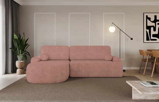Bezug: Samt, Farbe: Apricot - Dream Velvet 202.07, Stellvariante: Ottomane Links, Stoffbeschreibung: Polsterstoff Dream Velvet: Wasserabweisender und leicht zu reinigender Möbelstoff, scheuerfest (30.000 Martindale-Zyklen) lichtecht(6), pillingarm(4-5), 100 % PES, 360 g/m2±5%, Materialzusammensetzung: 100% Polyester, Pilling Resistenz: 5, Abriebfestigkeit: 5, Scheuerbeständigkeit: 30000 Martindale-Zyklen, Zimmer: Wohnzimmer, Tiefe: 172 cm, Breite: 264 cm, Höhe: 89 cm, Schlaffunktion: Mit Schlaffunktion, Länge der Schlaffläche: 210 cm, Liegehöhe: 42 cm, Anzahl der Sitzflächen: 3, Anzahl der Rückenkissen: 2, Art der Rückenkissen: Abnehmabr, Annzahl der Sitzkissen: 2, Anzahl der Zierkissen: 2, Material der Füße: Kunststoff, Höhe der Füße: 2 cm, Farbe der Füße: Schwarz, Breite der Ottomane: 107 cm, Tiefe der Ottomane: 128 cm, Tiefe der Sitzfläche: 57 cm, Sitzhöhe: 42 cm, Art des Stauraumes: Innenfach geschlossen - 1