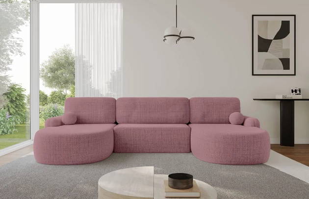 Bezug: Flechtstoff, Farbe: Altrosa - Aragon 69, Stellvariante: U-Form, Stoffbeschreibung: polsterstoff-aragon-hochwertige-und-elegante-strukturweich-und-angenehm-im-griffscheuerfest-45-000-60000-zyklen-gewicht-von-340-g-m2reibungswiderstand-4-5, Materialzusammensetzung: 100% Polyester, Pilling Resistenz: 5, Abriebfestigkeit: 4, Scheuerbeständigkeit: 60000 Martindale-Zyklen, Zimmer: Wohnzimmer, Tiefe: 172 cm, Breite: 335 cm, Höhe: 89 cm, Schlaffunktion: Mit Schlaffunktion, Länge der Schlaffläche: 299 cm, Breite der Schlaffläche: 132-cm, Liegehöhe: 42 cm, Anzahl der Sitzflächen: 3, Sitzfüllung: Wellenfeder + T30-Schaumstoff, Anzahl der Rückenkissen: 3, Art der Rückenkissen: Abnehmabr, Annzahl der Sitzkissen: 3, Anzahl der Zierkissen: 2, Material der Füße: Kunststoff, Höhe der Füße: 2 cm, Farbe der Füße: Schwarz, Breite der Ottomane: 107 cm, Tiefe der Ottomane: 128 cm, Tiefe der Sitzfläche: 57 cm, Sitzhöhe: 42 cm, Art des Stauraumes: Innenfach geschlossen - 1